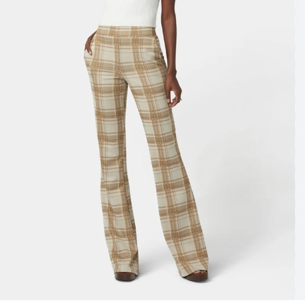 Aritzia Wilfred Beige & Creme Plaid Highrise Mini Flare Ankle Pants Size 00 Wool